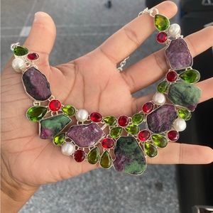 S925 Raw Ruby, zoisite, Peridot & Pearl Bib Necklace